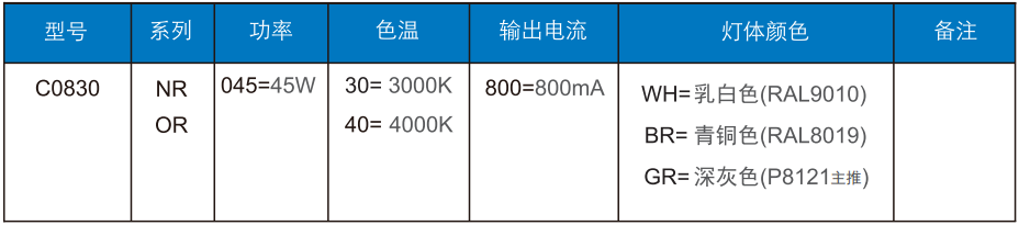 路灯C0830-NR/OR定单信息